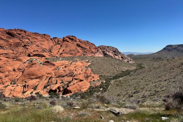 Capture the vibrant red rock formations and expansive desert in Red Rock Canyon, Nevada.